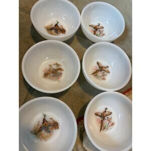 Vtg Anchor Hocking Fire-King Oven Wear Milk Glass Pheasant Bowls Set of Six(6)